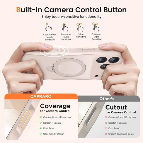 حافظة CAPRARO لهاتف iPhone 17 Pro Max مع حامل مغناطيسي يدور 360 درجة للنساء، [متوافقة مع MagSafe] [حماية كاملة للكاميرا] حافظة غير لامعة شفافة مموجة لهاتف iPhone 17 Pro Max، ذهبي وردي in Kuwait