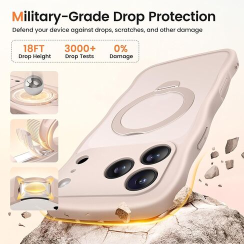 حافظة CAPRARO لهاتف iPhone 17 Pro Max مع حامل مغناطيسي يدور 360 درجة للنساء، [متوافقة مع MagSafe] [حماية كاملة للكاميرا] حافظة غير لامعة شفافة مموجة لهاتف iPhone 17 Pro Max، ذهبي وردي in Kuwait