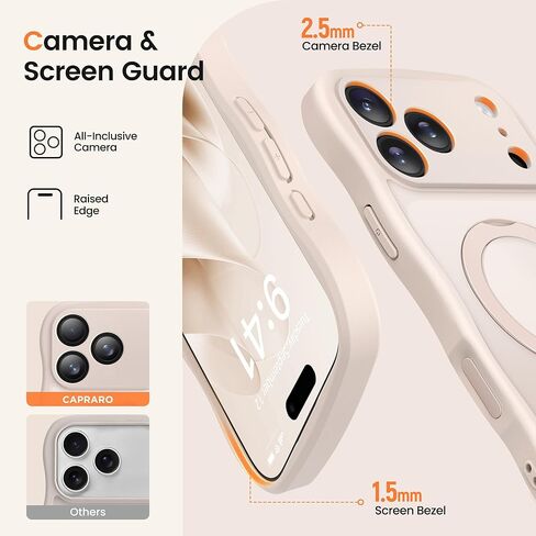 حافظة CAPRARO لهاتف iPhone 17 Pro Max مع حامل مغناطيسي يدور 360 درجة للنساء، [متوافقة مع MagSafe] [حماية كاملة للكاميرا] حافظة غير لامعة شفافة مموجة لهاتف iPhone 17 Pro Max، ذهبي وردي in Kuwait