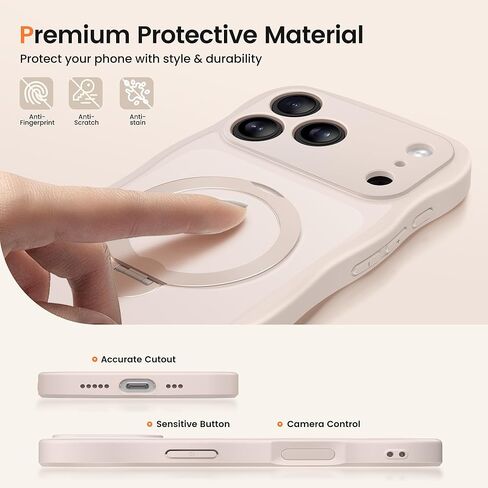 حافظة CAPRARO لهاتف iPhone 17 Pro Max مع حامل مغناطيسي يدور 360 درجة للنساء، [متوافقة مع MagSafe] [حماية كاملة للكاميرا] حافظة غير لامعة شفافة مموجة لهاتف iPhone 17 Pro Max، ذهبي وردي in Kuwait