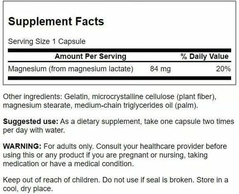 Swanson Magnesium Lactate - Mineral Supplement Promoting Muscle and Bone Health Support - Lactose-Free Lactate Mineral Form for Gentle Absorption - (120 Capsules, 84mg Each) (2 Pack) in Saudi Arabia