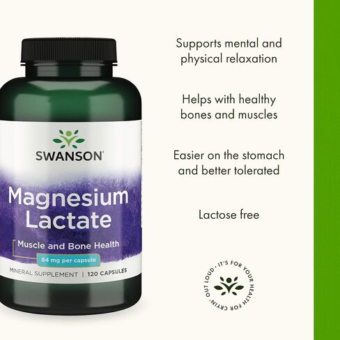 Swanson Magnesium Lactate - Mineral Supplement Promoting Muscle and Bone Health Support - Lactose-Free Lactate Mineral Form for Gentle Absorption - (120 Capsules, 84mg Each) (2 Pack) in Saudi Arabia