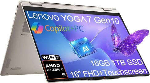 Lenovo Yoga 7 Gen 10 2-in-1 Business Laptop (16" FHD+ Touchscreen, AMD Ryzen AI 5 340 (> Intel i7-13620H), 16GB DDR5, 1TB SSD) Copilot+ PC, Backlit, Fingerprint, 1080p IR Webcam, Wi-Fi 7, Win 11 Home in Saudi Arabia