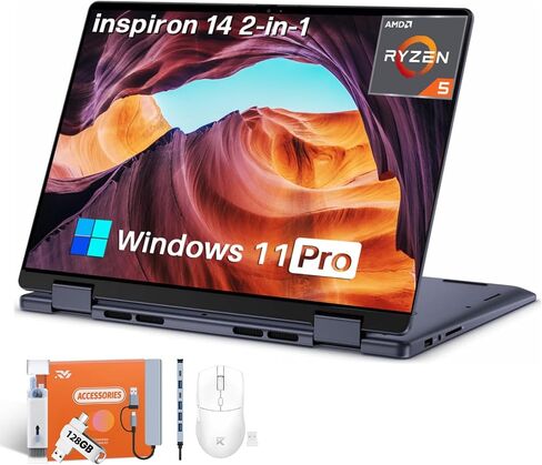 كمبيوتر محمول Dell Inspiron 14 2 في 1، AMD R5 8640HS، شاشة لمس عالية الدقة 14 بوصة، 32 جيجابايت DDR5، 1 تيرابايت SSD، رسومات Radeon، قارئ بصمات الأصابع، Windows 11 Pro، Wi-Fi 6 Copilot-AI، كمبيوتر محمول 2 في 1، مع ملحقات in Saudi Arabia