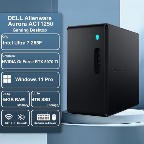 كمبيوتر سطح المكتب Dell Alienware Aurora ACT1250 للألعاب Intel 20-core Ultra 7 265F (Beats i7-14700) 32 جيجابايت DDR5 4 تيرابايت SSD GeForce RTX 5070 Ti 16 جيجابايت GDDR7 DLSS4 1000 واط PSU مبرد سائل للألعاب AI Win11Pro ICP Hub in Kuwait