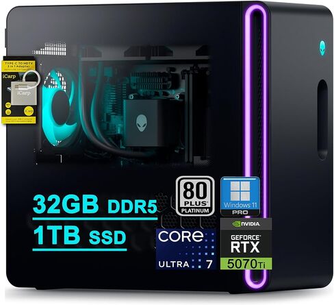 كمبيوتر سطح المكتب Dell Alienware Aurora ACT1250 للألعاب Intel 20-core Ultra 7 265F (Beats i7-14700) 32 جيجابايت DDR5 4 تيرابايت SSD GeForce RTX 5070 Ti 16 جيجابايت GDDR7 DLSS4 1000 واط PSU مبرد سائل للألعاب AI Win11Pro ICP Hub in Kuwait