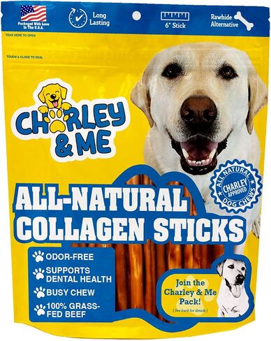 CHARLEY & ME Premium Collagen Sticks for Dogs - Long Lasting Dog Treats, Free Dog Chew Sticks - Hip & Joint Support, Healthy Skin, Shiny Coat - 100% Natural Beef - 6 Inches (Pack of 12) in Saudi Arabia