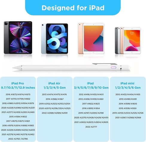 قلم ستايلس لجهاز iPad، قلم رصاص لجهاز iPad Pro 12.9/11/10.5/9.7 بوصة Air 5/4/3/2/1 iPad 10/9/8/7/6/5/4 Mini 6/5/4/3/2 جيل مصفف رقمي بديل لشاشات اللمس (أبيض غامق) in Saudi Arabia