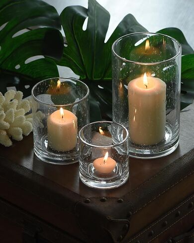 ARIAMOTION Candle Holder Set of 3 Modern Green Bubbles Glass Cylinder vase Flower Pillar Votive Table Centerpiece Home Kitchen Coffee bar 8" 5" 3.5" Height in Kuwait