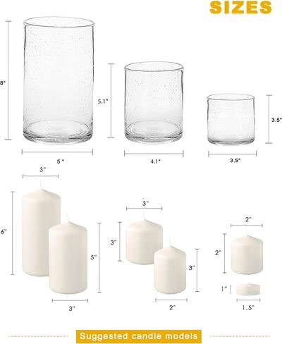 ARIAMOTION Candle Holder Set of 3 Modern Green Bubbles Glass Cylinder vase Flower Pillar Votive Table Centerpiece Home Kitchen Coffee bar 8" 5" 3.5" Height in Kuwait