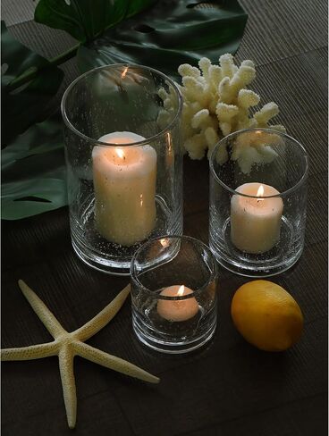 ARIAMOTION Candle Holder Set of 3 Modern Green Bubbles Glass Cylinder vase Flower Pillar Votive Table Centerpiece Home Kitchen Coffee bar 8" 5" 3.5" Height in Kuwait