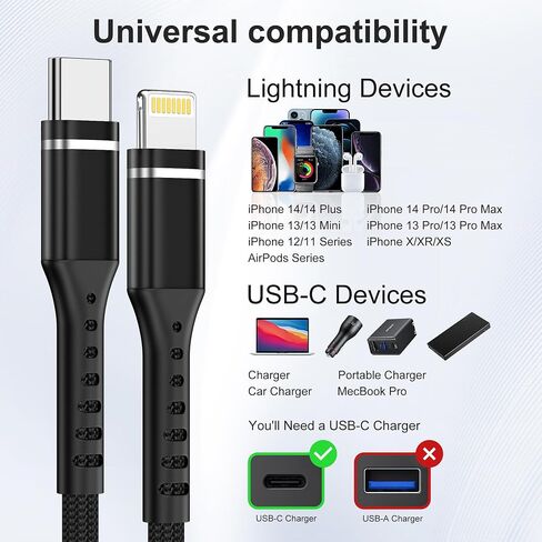 كابل شاحن iPhone، 2 حزمة 3FT USB-C إلى كابل Lightning كابل Apple MFi المعتمد من النايلون المضفر للشحن السريع وسلك نقل عالي السرعة لهاتف iPhone 14 13 12 11 Pro Max Xr Xs 8 والمزيد in Saudi Arabia
