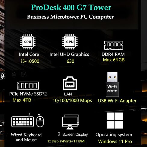 كمبيوتر مكتبي HP ProDesk 400 G7 Tower Business، Intel 6-Core i5-10500 (Beat i7-8700)، ذاكرة وصول عشوائي DDR4 سعة 16 جيجابايت، محرك أقراص PCIe SSD سعة 512 جيجابايت، محول WiFi، RJ-45، HDMI، DP، لوحة مفاتيح وماوس، Windows 11 Pro (متجدد) in Kuwait