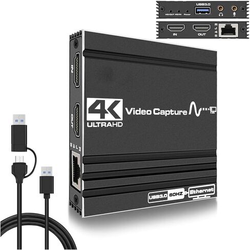 بطاقة التقاط فيديو 4K، التقاط ألعاب USB 3.0 HDMI مع منفذ RJ45، لا يوجد تأخير في بث الألعاب للكمبيوتر الشخصي OBS Live Streaming in Kuwait
