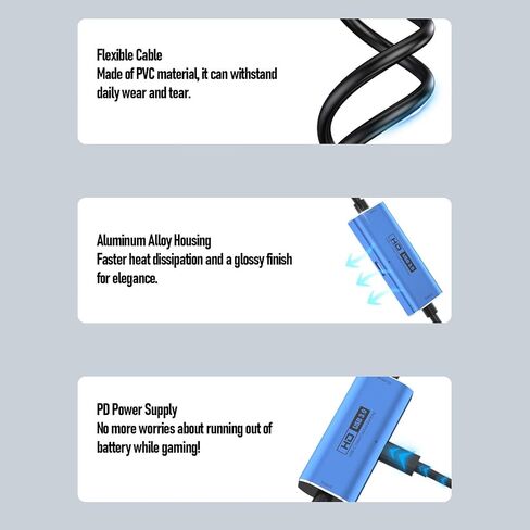 بطاقة التقاط فيديو Asixxsix USB3.0، تدعم 4K 30 هرتز 1080p 60 إطارًا في الثانية بطاقة تسجيل فيديو مع قابس شحن سريع 100 وات PD وتشغيل جهاز التقاط الصوت لألعاب البث المباشر in Kuwait