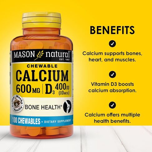 Mason Natural Calcium 600 mg with Vitamin D3 - Supports Healthy Bones, Strengthens Muscle Function, Coffee Mocha Flavor, 100 Chewables in Saudi Arabia
