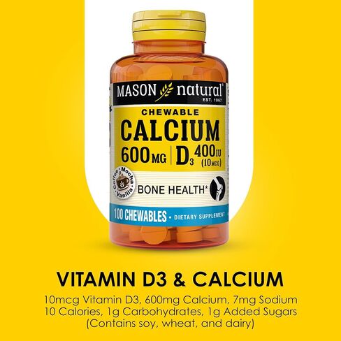 Mason Natural Calcium 600 mg with Vitamin D3 - Supports Healthy Bones, Strengthens Muscle Function, Coffee Mocha Flavor, 100 Chewables in Saudi Arabia