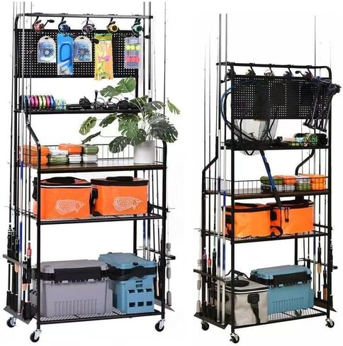 68"*29“ Metal Fishing Rod Rack for 12 Rods, Fishing Pole Holders for Garage Use for Fishing Gear Storage, with Wheels, 4-Tier Large Storage Capacity, Black in Saudi Arabia