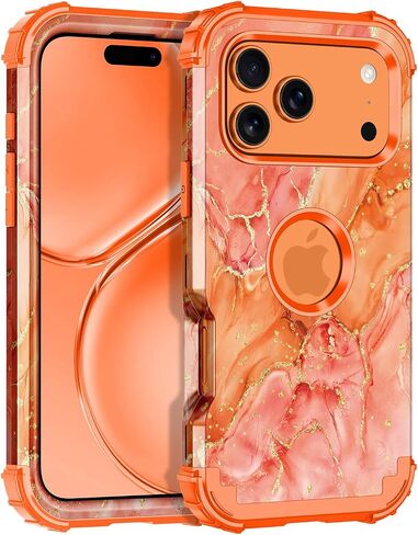 حافظة Casetego لهاتف iPhone 17 Pro Max، ثلاث طبقات شديدة التحمل وقوية ضد الصدمات، حماية كاملة من البولي كربونات الصلب + حافظة حماية ناعمة من مادة TPU للفتيات لهاتف Apple iPhone 17 Pro Max 6.9 بوصة، برتقالي/ذهبي in Kuwait