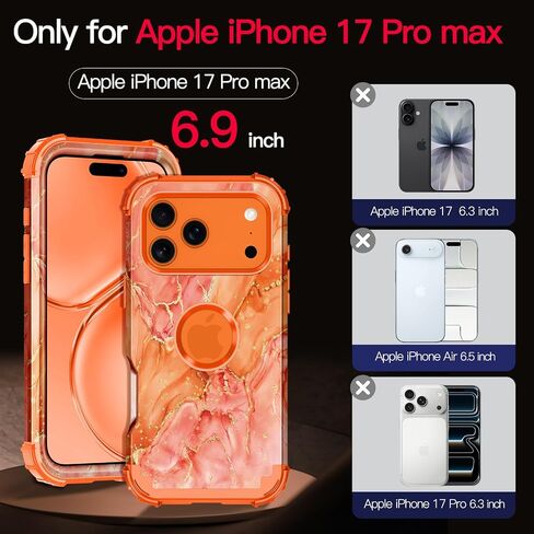 حافظة Casetego لهاتف iPhone 17 Pro Max، ثلاث طبقات شديدة التحمل وقوية ضد الصدمات، حماية كاملة من البولي كربونات الصلب + حافظة حماية ناعمة من مادة TPU للفتيات لهاتف Apple iPhone 17 Pro Max 6.9 بوصة، برتقالي/ذهبي in Kuwait