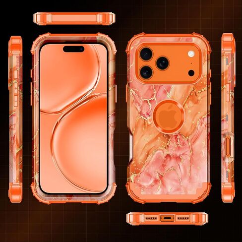 حافظة Casetego لهاتف iPhone 17 Pro Max، ثلاث طبقات شديدة التحمل وقوية ضد الصدمات، حماية كاملة من البولي كربونات الصلب + حافظة حماية ناعمة من مادة TPU للفتيات لهاتف Apple iPhone 17 Pro Max 6.9 بوصة، برتقالي/ذهبي in Kuwait
