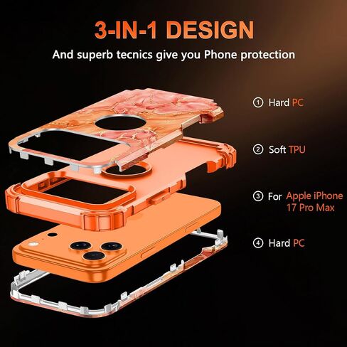 حافظة Casetego لهاتف iPhone 17 Pro Max، ثلاث طبقات شديدة التحمل وقوية ضد الصدمات، حماية كاملة من البولي كربونات الصلب + حافظة حماية ناعمة من مادة TPU للفتيات لهاتف Apple iPhone 17 Pro Max 6.9 بوصة، برتقالي/ذهبي in Kuwait