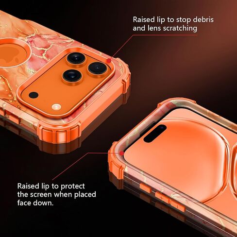حافظة Casetego لهاتف iPhone 17 Pro Max، ثلاث طبقات شديدة التحمل وقوية ضد الصدمات، حماية كاملة من البولي كربونات الصلب + حافظة حماية ناعمة من مادة TPU للفتيات لهاتف Apple iPhone 17 Pro Max 6.9 بوصة، برتقالي/ذهبي in Kuwait