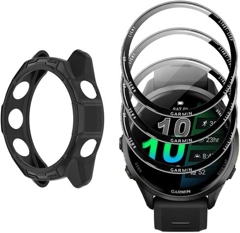 واقي شاشة للساعة + غطاء حافظة لساعة Garmin Forerunner 570 42 مم، [3 قطع] طبقة زجاجية مقسى ثلاثية الأبعاد وممتص للصدمات من مادة TPU، مضاد للخدش، خالي من الفقاعات، شفاف عالي الدقة، حماية ضد الصدمات (أسود) in Kuwait