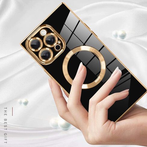 LSL Magnetic Case for iPhone 16 Pro [Compatible with MagSafe] Soft TPU Bumper Anti-Drop Anti-Scratch Shock Absorption Slim Cover Luxury Plating Full Camera Lens Protective Case - Black in Saudi Arabia