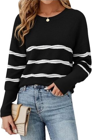 ECOWISH Women's Long Sleeve Crewneck Striped Sweater - Fall 2025 Trendy Casual Knitwear for Office & Daily Wear in Kuwait