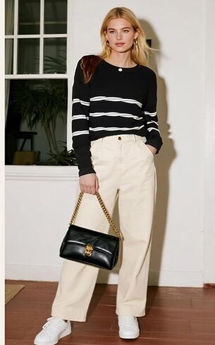 ECOWISH Women's Long Sleeve Crewneck Striped Sweater - Fall 2025 Trendy Casual Knitwear for Office & Daily Wear in Kuwait