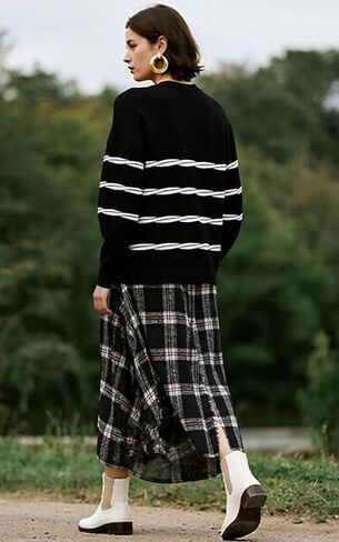 ECOWISH Women's Long Sleeve Crewneck Striped Sweater - Fall 2025 Trendy Casual Knitwear for Office & Daily Wear in Kuwait