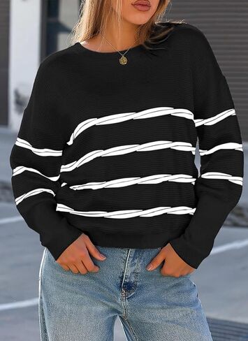 ECOWISH Women's Long Sleeve Crewneck Striped Sweater - Fall 2025 Trendy Casual Knitwear for Office & Daily Wear in Kuwait