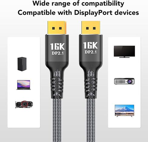 كابل DisplayPort 2.1 16K، كابل DisplayPort ذكر إلى كابل DisplayPort ذكر، يدعم 16K 30 هرتز 40 جيجابت في الثانية ديناميكي HDR ثلاثي الأبعاد، لمزامنة FreeSync لشاشة ألعاب G Sync 4.9 قدم in Saudi Arabia