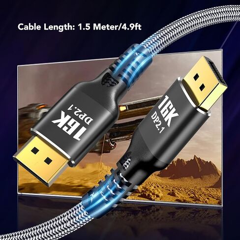 كابل DisplayPort 2.1 16K، كابل DisplayPort ذكر إلى كابل DisplayPort ذكر، يدعم 16K 30 هرتز 40 جيجابت في الثانية ديناميكي HDR ثلاثي الأبعاد، لمزامنة FreeSync لشاشة ألعاب G Sync 4.9 قدم in Saudi Arabia