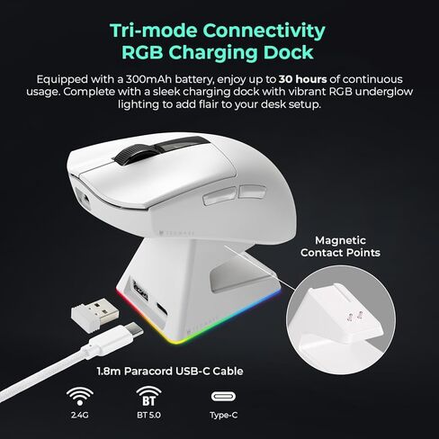 TECWARE EX1 Lightweight Gaming Mouse | 26K DPI Wireless Mouse with OLED Display | 59g Ultra-Light Design | RGB Charging Dock | Tri-Mode Connectivity 2.4GHz/Bluetooth/Wired with Grip Tape | Black in Kuwait