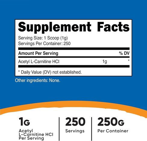 Nutricost Acetyl L-Carnitine (ALCAR) مسحوق 250 جرام - 1 جم لكل وجبة - 250 وجبة in Kuwait