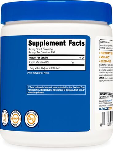 Nutricost Acetyl L-Carnitine (ALCAR) مسحوق 250 جرام - 1 جم لكل وجبة - 250 وجبة in Kuwait
