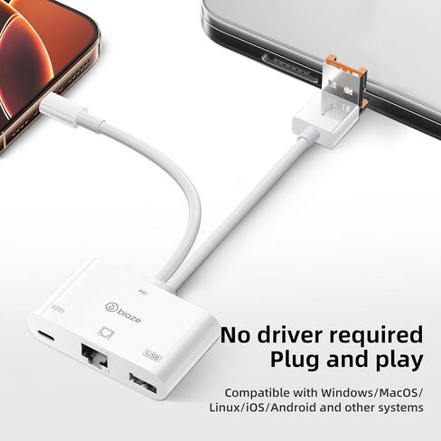 USB to Ethernet Adapter, 3 in 1 RJ45 Ethernet LAN Network Adapter with Charging Port and USB Port Compatible with iPhone 16/15, Laptop, MacBook, PC with Windows(RJ45 3-in-1 USB HUB) in Saudi Arabia