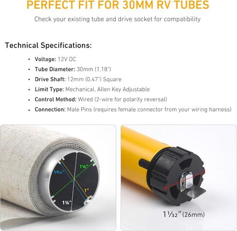 Rollerhouses DM25DS 12V RV غطاء دوار كهربائي بديل للسيارات RV ستائر بمحركات ظل محرك يعمل لظلال استبدال RV 1-3/16 بوصة و1.5 بوصة in Saudi Arabia