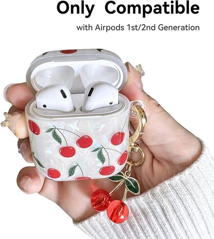 متوافق مع حافظة AirPods الجيل الأول/الثاني، غطاء حافظة AirPod جميل جميل بلون الكرز مع سلسلة مفاتيح بلون الكرز، حافظة ناعمة من مادة TPU الواقية مضادة للصدمات للنساء والفتيات in Kuwait