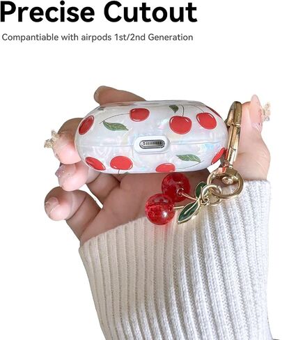 متوافق مع حافظة AirPods الجيل الأول/الثاني، غطاء حافظة AirPod جميل جميل بلون الكرز مع سلسلة مفاتيح بلون الكرز، حافظة ناعمة من مادة TPU الواقية مضادة للصدمات للنساء والفتيات in Kuwait