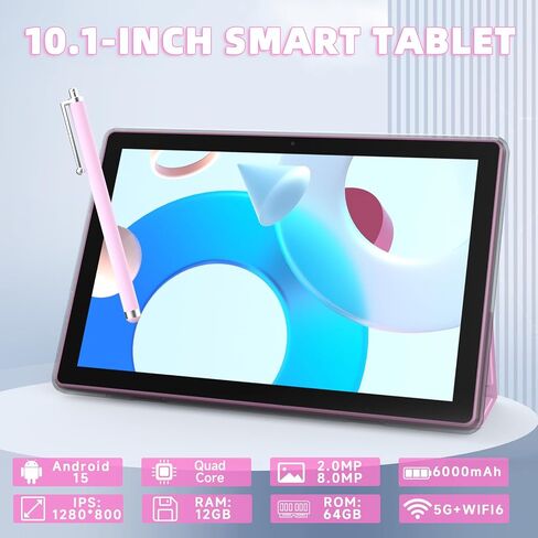 Android table 10 Inch ablet With Tablets protective Case and Stylus Pen android 15 Tablets 5G WiFi-6 1280*800 full HD IPS display 6000mah 64GB ROM+12GB RAM (4+8 Virtual) 1024GB Expansion (Pink) in Saudi Arabia