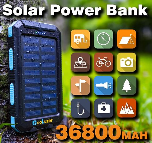 بنك الطاقة الشمسية 36800 مللي أمبير، شاحن الطاقة الشمسية مع مخرجات 18 وات PD 5V 3.1A، IP67 مقاوم للماء، بطارية من الدرجة A+ مع مصباح يدوي LED وبوصلة، ملحق مثالي لمعدات التخييم في الهواء الطلق (أخضر) in Kuwait