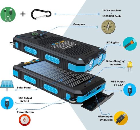 بنك الطاقة الشمسية 36800 مللي أمبير، شاحن الطاقة الشمسية مع مخرجات 18 وات PD 5V 3.1A، IP67 مقاوم للماء، بطارية من الدرجة A+ مع مصباح يدوي LED وبوصلة، ملحق مثالي لمعدات التخييم في الهواء الطلق (أخضر) in Kuwait