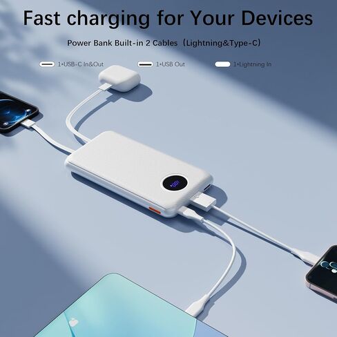 Portable Charger with Built in Cable 10000mah Portable Charger 22.5W Powerbank Fast Charging 4 Outputs 2 inputs Phone Battery Pack Compatible with iPhone Samsung Pixel LG Moto iPad etc(White) in Saudi Arabia
