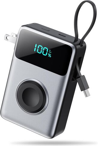 شاحن محمول 4 في 1 مع قابس حائط مدمج وكابلات USB-C، بنك طاقة 10800 مللي أمبير مع شاحن iWatch، حزمة بطارية شحن سريع QC4.0+PD 25 وات، أساسيات السفر لهاتف iPhone 16/15، Apple Watch، Android وغيرها in Saudi Arabia