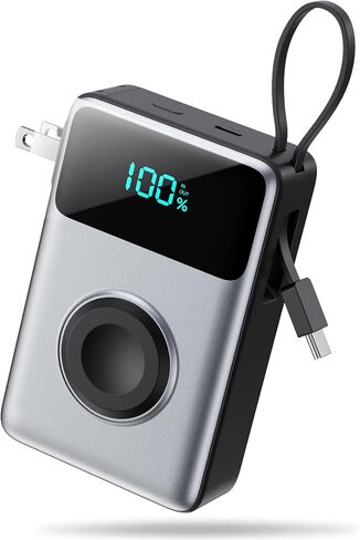 شاحن محمول 4 في 1 مع قابس حائط مدمج وكابلات USB-C، بنك طاقة 10800 مللي أمبير مع شاحن iWatch، حزمة بطارية شحن سريع QC4.0+PD 25 وات، أساسيات السفر لهاتف iPhone 16/15، Apple Watch، Android وغيرها in Saudi Arabia