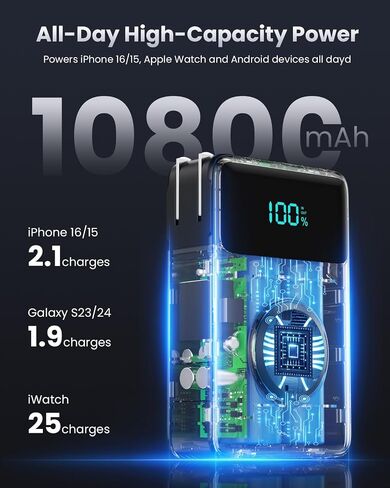 شاحن محمول 4 في 1 مع قابس حائط مدمج وكابلات USB-C، بنك طاقة 10800 مللي أمبير مع شاحن iWatch، حزمة بطارية شحن سريع QC4.0+PD 25 وات، أساسيات السفر لهاتف iPhone 16/15، Apple Watch، Android وغيرها in Saudi Arabia