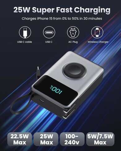 شاحن محمول 4 في 1 مع قابس حائط مدمج وكابلات USB-C، بنك طاقة 10800 مللي أمبير مع شاحن iWatch، حزمة بطارية شحن سريع QC4.0+PD 25 وات، أساسيات السفر لهاتف iPhone 16/15، Apple Watch، Android وغيرها in Saudi Arabia